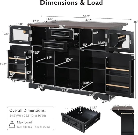 54.9" Kitchen Island with Drop Leaf and Drawers, Rolling Kitchen Cart with Shelves and Storage Cabinet, Kitchen Prep Table on Wheels with Power Outlet and Cross Barn Doors & Visual Glass Door Black