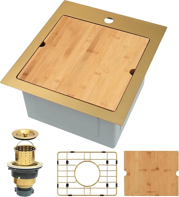 Gold Bar Sink,15 Inch Drop In Gold Kitchen Sink, 15" x 15" x 9" Small but Deep Single Bowl RV Kitchen Sinks, 16 Gauge SUS304 Stainless Steel All In One Workstation Sinks with Accessories