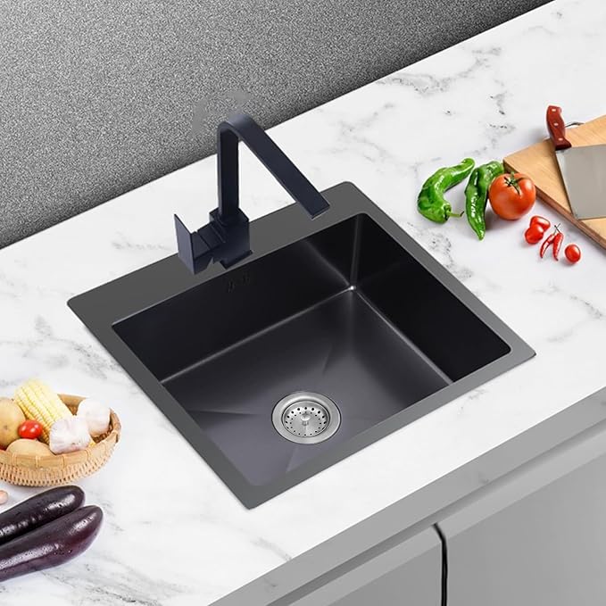 Black Kitchen Sink, Stainless Steel 18 x 18 Inch Top Mount Kitchen&Bar Sink Single Bowl Drop In Sink Set - Stainless Grid, Silicon Mat, Retracable Basket For Modern Stylish Kitchen