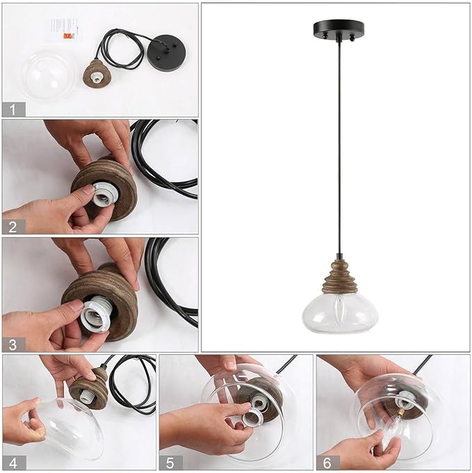 KSANA Pendant Lights Kitchen Island, 1-Light Farmhouse Kitchen Pendant Lighting Over Island, 7.5'' Rustic Wood Pendant Light Fixtures with Clear Glass Shade