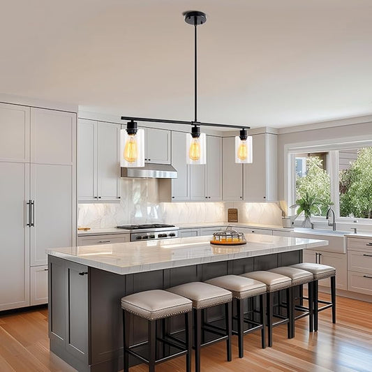 Kitchen Island Lighting, 3 light Black Farmhouse Pendant Lights Kitchen Island with Glass Shades, Island Chandelier Dining Room Lighting Fixtures Adjustable Height, Modern Kitchen Table Light Fixture