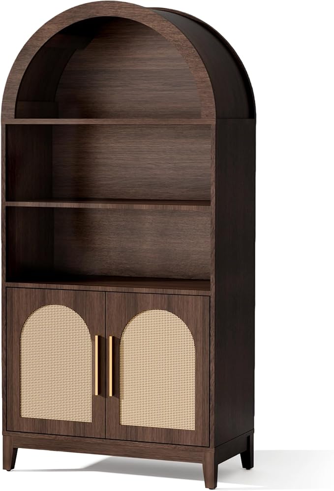 63" Tall Arched Pantry Cabinet with Doors, 5-Tier Arched Bookcase with Adjustable Shelves, Wood Storage Cabinet for Kitchen, Living Room, Office, Walnut