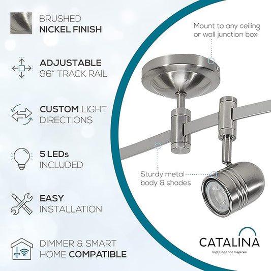 Catalina Lighting 96" Track Ceiling Light, Brushed Nickel, Transitional 5-Light LED Flex Track, Bulb Included, for Kitchen, Living Room, Home Lighting
