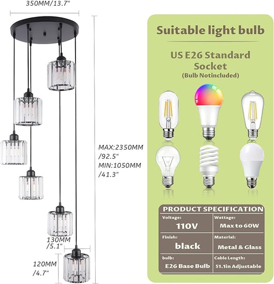 Modern Retro 6-Light Crystal Foyer Chandelier for High Ceilings, Large Hanging Chandelier for Staircase, Entryway, Kitchen Island, Adjustable Height Black E26 Pendant Light Fixture
