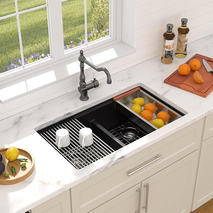 Dcolora 33 Inch Granite Composite Kitchen Sink Black Ktichen Sink Workstation 50/50 Double Bowl Quartz Under Counter Sinks Classic Matte Black 33“×19"×10,#DC-GX3328