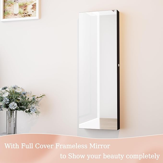 Unisakey Mirror Jewelry Cabinet,Lockable Wall or Door Mounted Jewelry Armoire Organizer With Built-up Mirror,LED Lights, Drawers,Cosmetic Trays,Shelves, 14.4"x3.15"x 43.1"(Black)