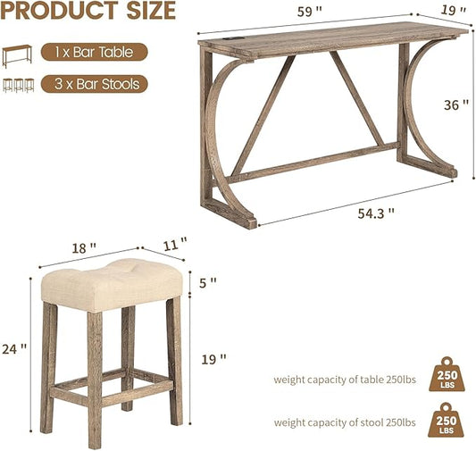 HMFULE 59'' Industrial 4 Piece Bar Table Set with Power Outlet, 3 Padded Stools for Kitchen, Living Room, Dining Room, Brown