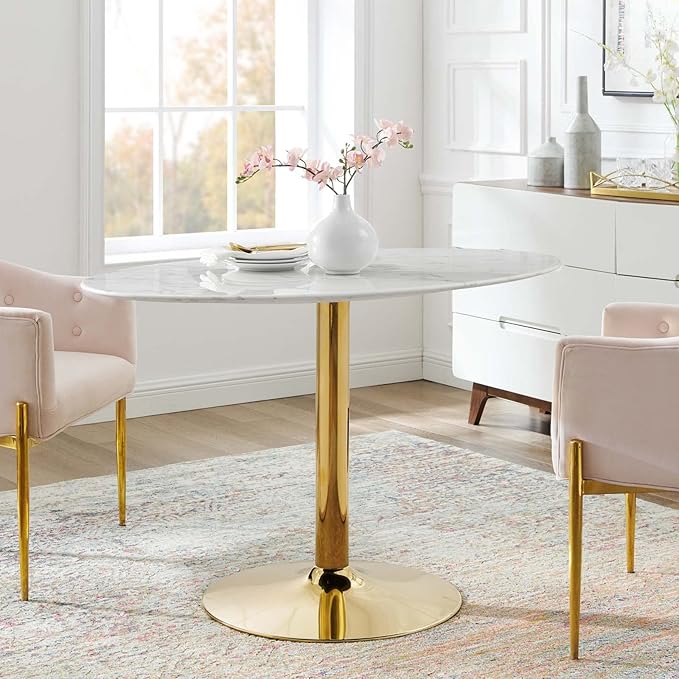 Modway Verne Oval Artificial Marble 48" Dining Table in Gold White