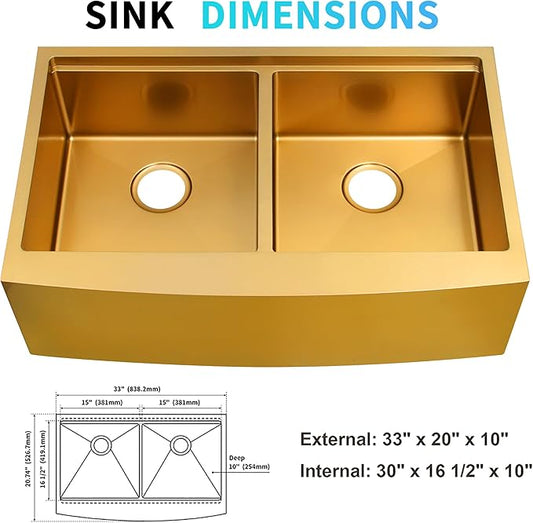 Gold Double Farmhouse kitchen Sink,16-Gauge SUS304 Stainless Steel Farm Sinks, 50/50 Apron Front Features Workstaion Sink With Accessories,33''×20''×10" Large and Deep Double Kitchen Sinks
