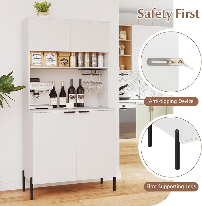 Giantex 64.5" Kitchen Pantry Cabinet with Charging Station, Tall Buffet Hutch with Storage Cabinets, Adjustable Shelf, Wine Racks, Modern Sideboard for Dining Room, Living Room, Coffee Bar, White