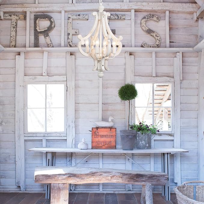 ALISADABOY Farmhouse Rustic Wood Light Fixture Distressed White Dining Room Pendant Chandelier French Country 4 Light Candle Hanging Lamp for Kitchen Island Living Room Bedroom Entryway Foyer