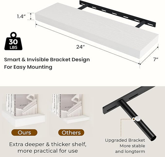 Dreamland 24 Inch Long Floating Shelves in White,6.7 Inch Deep Floating Shelf for Wall,Large Display & Storage Shelf, Wall Shelf for Bathroom Bedroom Living Room Kitchen Office,Set of 2