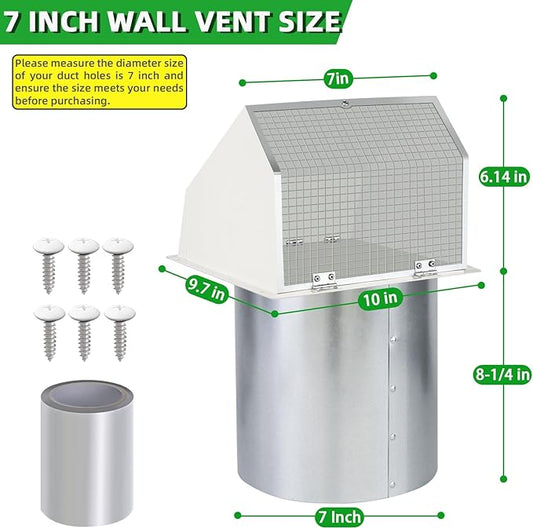 7Inch Hooded Wall Vent with Screen and Damper,Galvanized Steel Exhaust Vent Cover Cap Outside,Wall Vent Cover Exterior Outdoor Vent Hood for Kitchen Range Hood Laundry Dryer Bathroom Fan Duct Air Vent