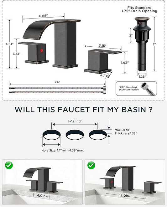 FORIOUS Oil Rubbed Bronze Bathroom Faucets 3 Hole, Waterfall Square 8 Inch Widespread Bathroom Sink Faucet with Metal Pop-up Drain and Supply Lines, Two Handles for Vanity, RV, Farmhouse