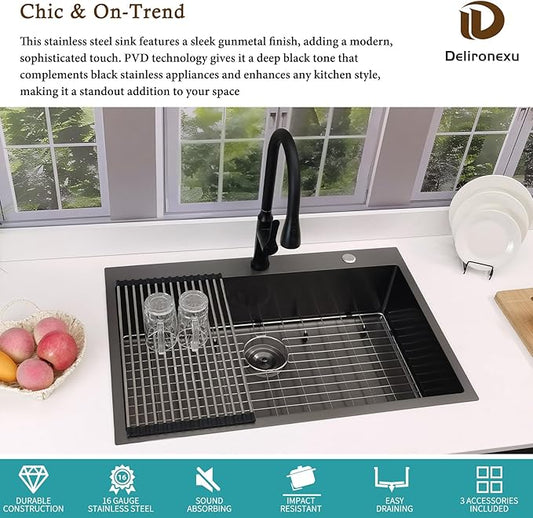 33x22 Black Drop In Kitchen Sink, Delironexu 16 Gauge 304 Black Stainless Steel Top Mount Kitchen Sink, 33 Inch Single Bowl Black Kitchen Sink with Accessories