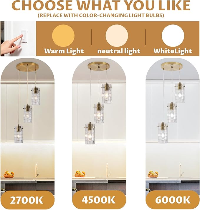 Modern Glass Pendant Light, Copper Finish 3-Light Chandelier for Kitchen Island/Dining, Height Adjustable, E26 Sockets, Bulbs Not Included