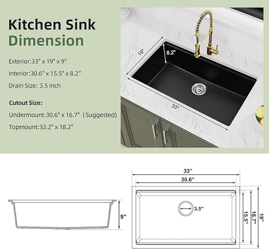 Davivy 33 Inch Black Granite Kitchen Sink Workstation, 33 x 19 Black Undermount Kitchen Sink, Dual Mount Installation, Deep Quartz Composite Single Bowl with Accessories