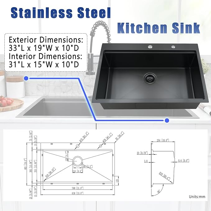 33x19 Black Drop In Kitchen Sink with Faucet - 33 Inch Drop In Kitchen Sink Workstation, 10 Inch Deep Black Stainless Steel Single Bowl Sinks with Accessories