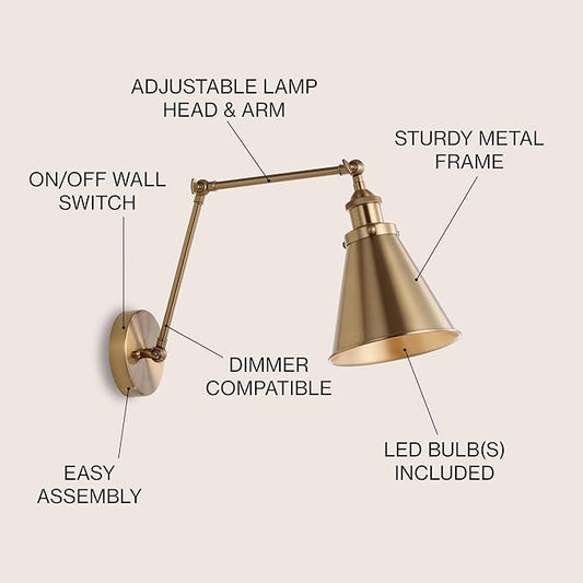 JONATHAN Y 7" Brass Gold Classic Industrial Metal Adjustable Arm LED Wall Sconce for Bedside Reading, Farmhouse Swing Arm Wall Lamp with Metal Shade, Hardwired (JYL7461A)