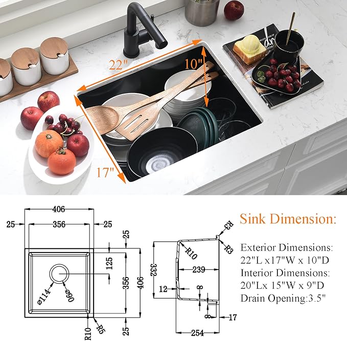 22 Inch Black Undermount Bar Sink with Faucet, 22x17 Inch Undermount Wet Bar Sink Granite Composite Single Bowl Quartz Outdoor Kitchen Sink, Heavy Durable Basin for Home