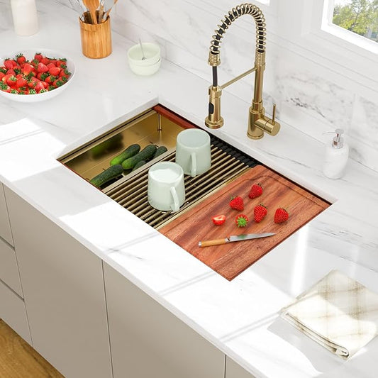 30 Gold Undermount Kitchen Sink - Beslend 30x19 Gold Double Bowl Kitchen Sinks Workstation 16 Gauge Stainless Steel Golden Sink Low Divide Double Basin 50/50