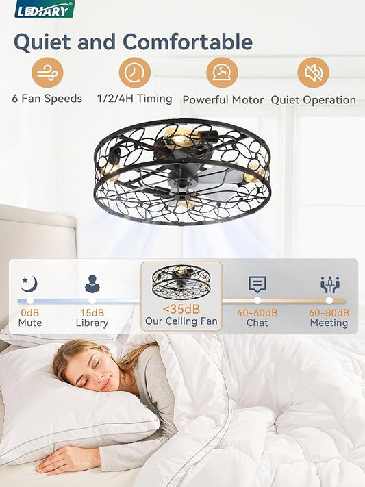 LEDIARY 23 Inch Caged Ceiling Fans with Lights, Black Flush Mount Ceiling Fan with Remote, Large Low Profile Bladeless Ceiling Fan Light Fixture for Bedroom, Kitchen, Dining Room