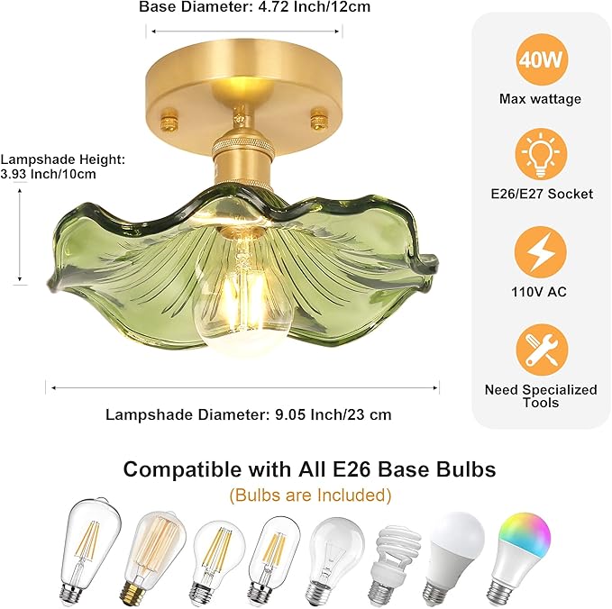 Shenmoyl Semi Flush Mount Light, Gold Hallway Vintage Fixture With Green Water Lily Glass, Bulb Included, 4.72" Base Modern Ceiling Light for Porch Kitchen Bedroom