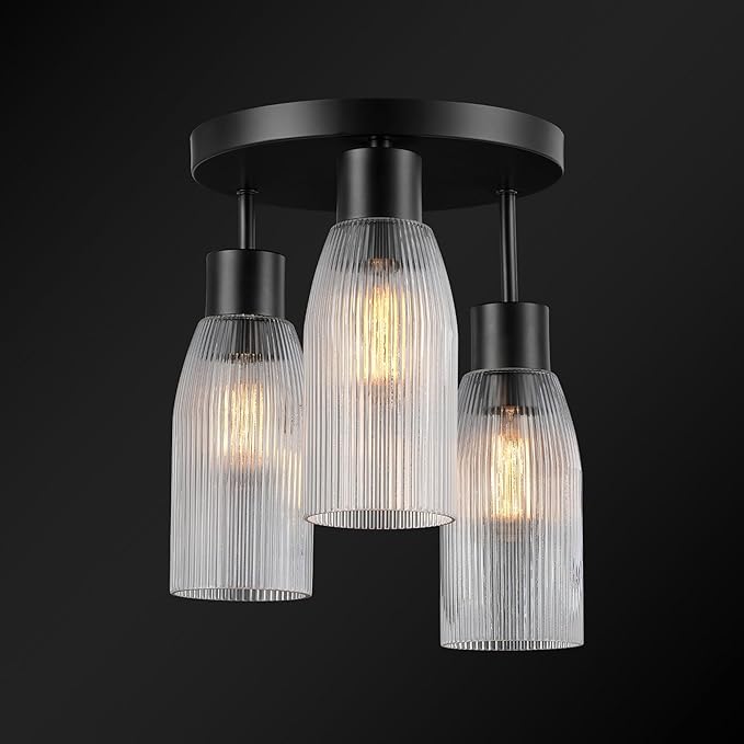 Globe Electric 66000133 3-Light Flush Mount Ceiling Light, Matte Black, Clear Ribbed Glass, Home Improvement, Dining/Kitchen