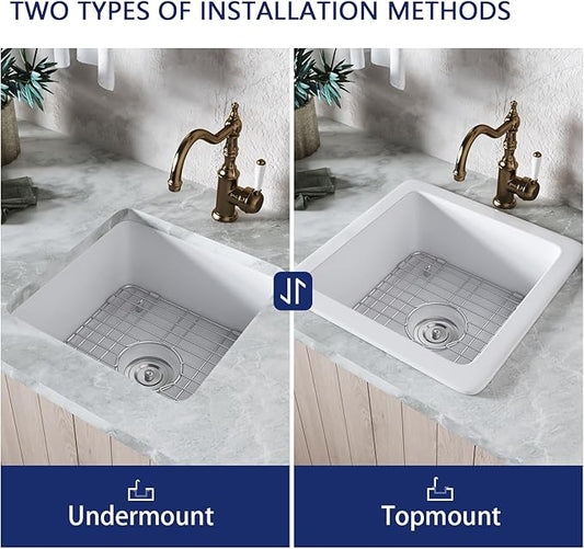 DeerValley Undermount Kitchen Sink 18" L x 18" W Fireclay Single Bowl Kitchen Sink Square Bar Sink with Sink Grid and Basket Strainer
