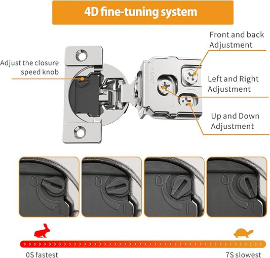 Chibery 2 Pack 1-5/16" Overlay 4D Soft Close Concealed Hinges for Face Frame Door, Adjustable Closing Speed, Smooth Slow Self Close Hinges, Satin Nickel, 105ยฐ Open Angle Stainless Steel Cabinet Hinges