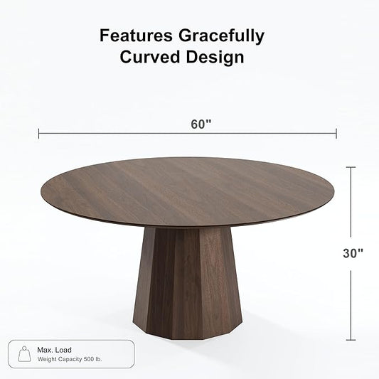 Casaphoria 60" Round Dining Table, Modern Wood Kitchen Table with Cone Shaped Strip Polygonal Base for Living Room & Dining Room, Easy Assembly Farmhouse Furniture for 4-6, Walnut
