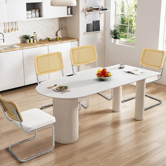 Velvet Upholstered Dining Chair Set of 4 Modern Breuer Designed Rattan Back Stainless Chrome Base Armless Dining Chairs for Kitchen Island, Restaurant,Apartment(White)