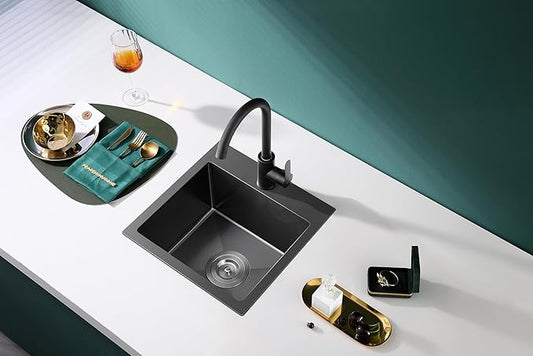 13 × 15 inch Drop in Bar Sink Black - Topmount Small Kitchen Sink Single Bowl, Handmade T-304 Stainless Steel Overmount Kitchen Bar Sinks with Basket Strainer
