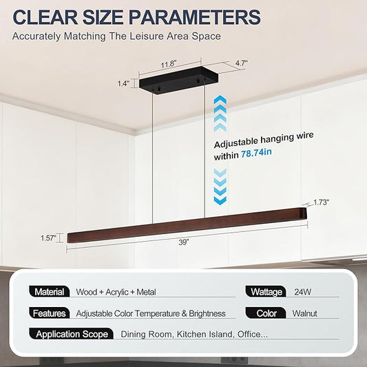 39" Wood Linear Pendant Light Fixtures, Modern 24W LED Dimmable Pendant Lights Kitchen Island, Wood Linear Hanging Chandelier for Dining Room, Kitchen Island, Bar, Pool Table-Walnut