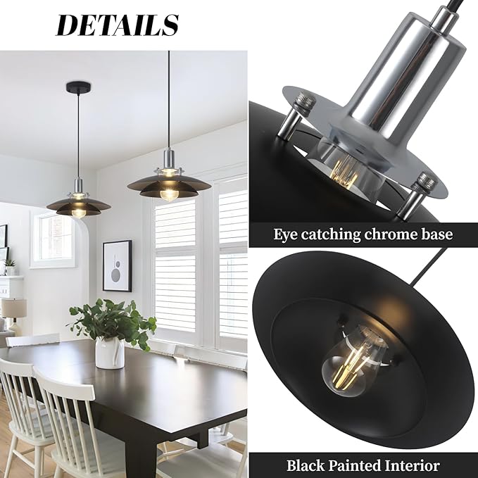 Black Pendant Lights Kitchen Island 2 Pack, 11.8 inch Farmhouse Kitchen Pendant Lighting with Double-Tier Shade, Modern Dining Room Light Fixtures, Mid Century Pendant Light