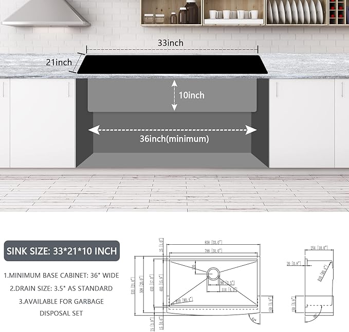 33 Inch Farmhouse Sink - Loftus Apron Front Kitchen Sink 16 Gauge Stainless Steel Workstation Ledge Deep Single Bowl Farm Sink with Accessories