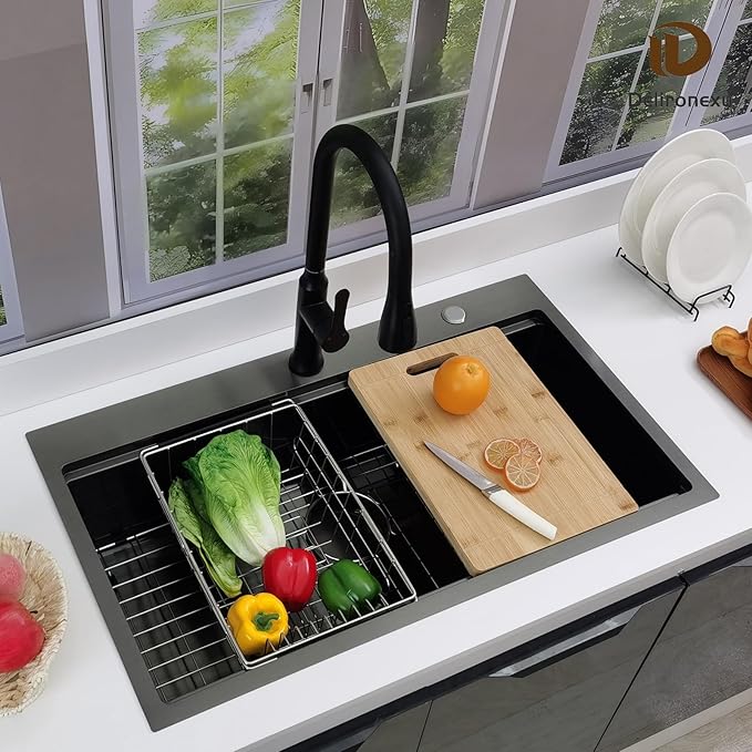 33x19 Black Kitchen Sink Drop In - 33 Inch Drop In Kitchen Sink Workstation, Black Stainless Steel Sinks, 16 Gauge Single Bowl Top Mount Workstation Sinks by Delironexu with 6 Accessories