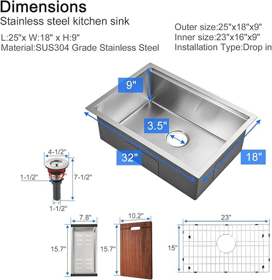 MENATT 25 Inch Undermount Workstation Kitchen Sink, 25"×18" Stainless Steel Single Bowl Undermount Handmade Kitchen Sink with Cutting Board and Colander, D25"XW18"XH9"
