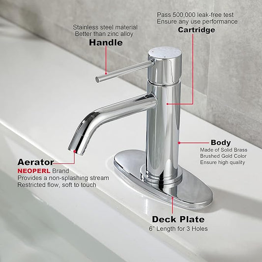 Bathroom Faucet Chrome Single Hole, JXMMP Single Handle Bathroom Faucets for Sink with Pop Up Drain Assembly and 6 inch Deck Plate