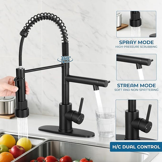 Kitchen Faucets with Pull Down Sprayer, Single Handle Double Headed, Stainless Steel Commercial Kitchen Sink Faucet with Deck Plate Cover, 1 or 3 Hole, Matte Black