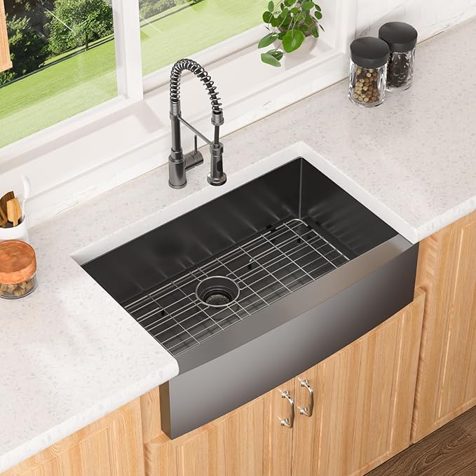 Lordear Gunmetal Black Farmhouse Sink Stainless Steel Farm 33 inch16 Gauge Apron Front Deep Single Bowl Stainless Steel Kitchen Farm Farmer Style Sinks