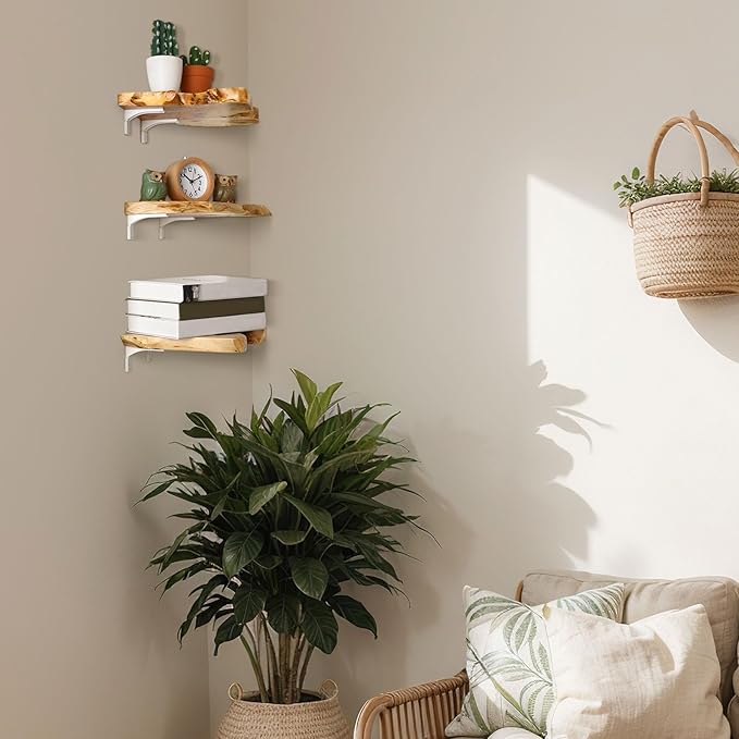 Pinkunn 3 Pcs Corner Floating Shelves for Wall Mounted Cedar Wood Wall Shelves Solid Wooden Hanging Decoration for Room Kitchen Living Room Bathroom Bedroom