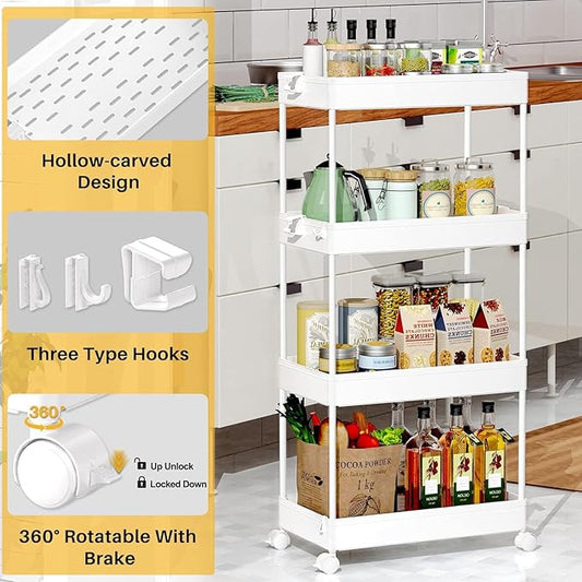 SPACEKEEPER Storage Cart, 4-Tier Mobile Shelving Unit, Bathroom Rolling Cart Utility Storage Organizer Shelf for Kitchen Living Room Bathroom Laundry Room & Dressers, White