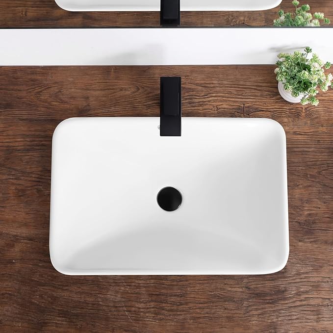 Bathroom Vessel Sink 23.2" X 15.5" Semi Recessed Bathroom Sink Rectangular Drop In Bathroom Sinks with Overflow White Ceramic Vessel Sinks for Bathroom Modern Above Counter Basin Vanity Sink