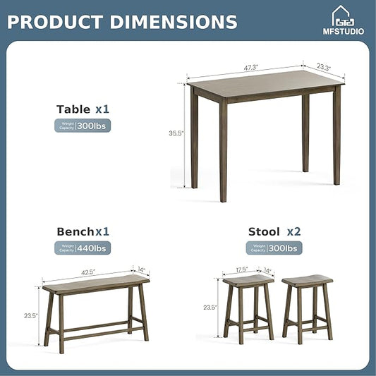 MFSTUDIO Dining Table Set for 4, Counter Height Table and Chairs, Kitchen Table Set with Bench, Breakfast Bar Table and Chairs Set Space Saving, Smoky Brown