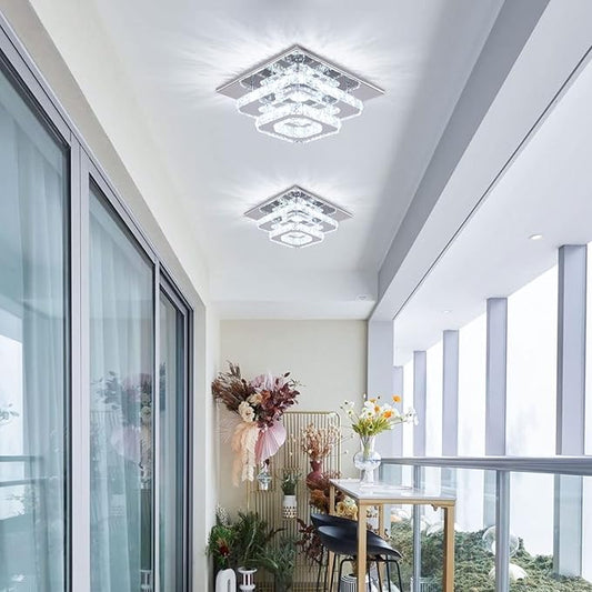 Mini Chandelier LED Crystal Ceiling Light 2 Layers Flush Mount Ceiling Light Modern Chandelier Lighting for Hallway Staircase Kitchen Bathroom (Cool White)