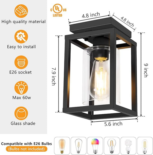 Baocuz Semi Flush Mount Ceiling Light Fixture, Black Metal Frame Porch Ceiling Light Fixture with Clear Glass Shade and E26 Ceramic Base, Farmhouse Light Fixtures for Kitchen Entryway Foyer