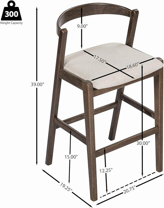 Set of 2 Bar Stools, Solid Rubber Wood Frame with Beige Polyester Cushion, Ergonomic Backrest & Smooth Lines, Modern Kitchen Island Chairs for Dining Room (Dark Brown)