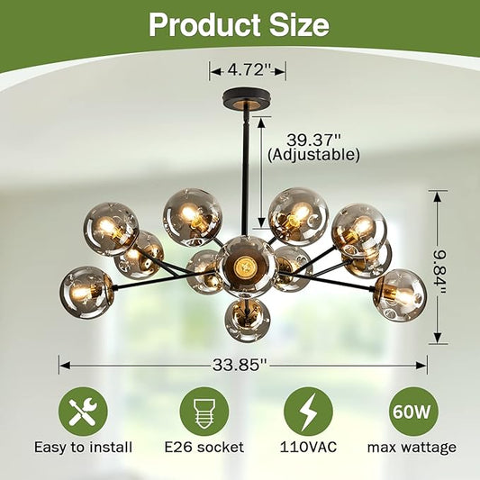 SZXYKEJI 12-Light Glass Chandelier,Large Sputnik Chandeliers for High Ceilings, Rustic Ceiling Lighting Fixture Pendent Light for Kitchen Dining Room Living Room Bedroom Office (Black).