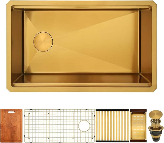 Kitsitchen 30 Inch Gold Undermount Kitchen Sink,16 Gauge Stainless Steel Under Counter Single Bowl Kitchen Sink,10 Inch Deep Workstation Sinks with Abundant Accessories & Offset Drain(30"x18"x10")